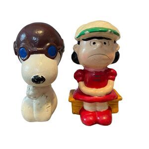 Snoopy Vintage 1960s Flying Ace Bobble Head & Lucy‎ Hand Painted Ceramic Peanuts